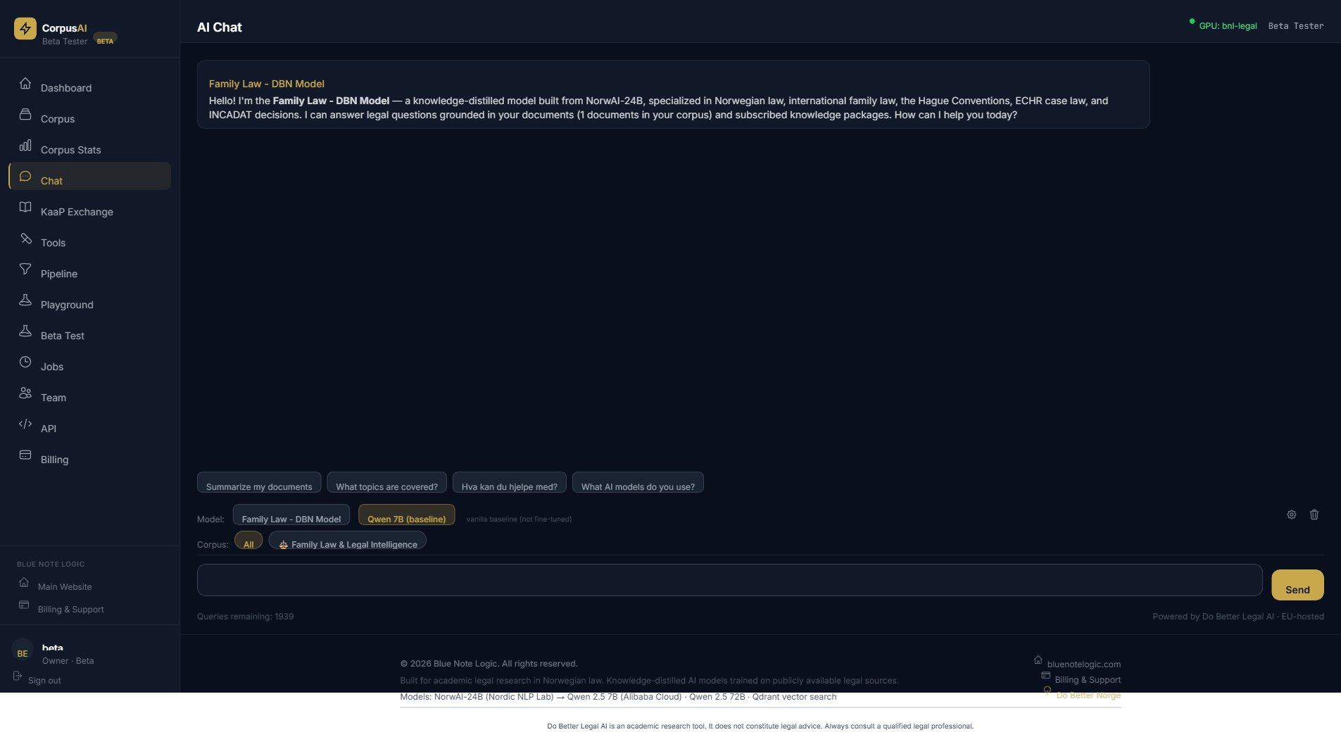 CorpusAI AI Chat — natural language questions with model and corpus selection