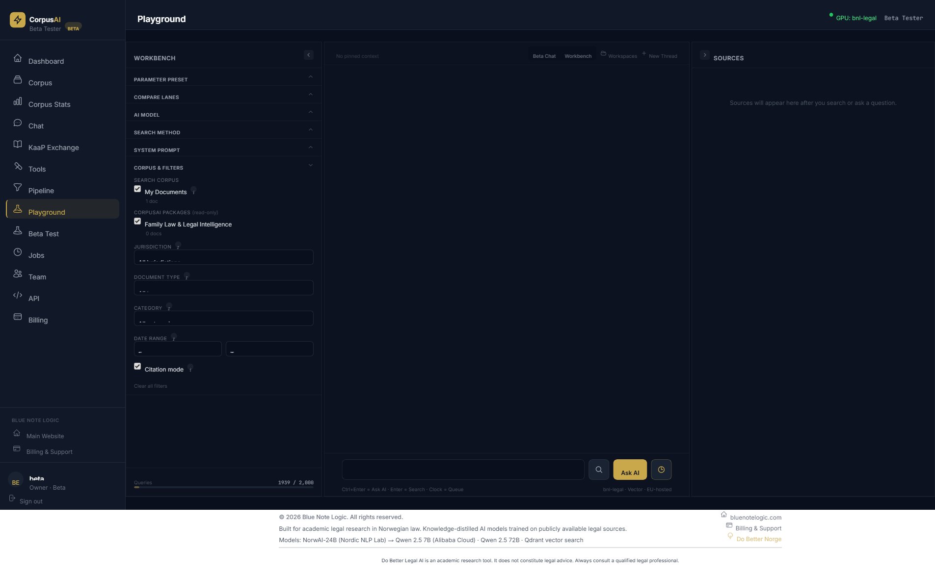 CorpusAI Playground — metadata filters, corpus selection, search method