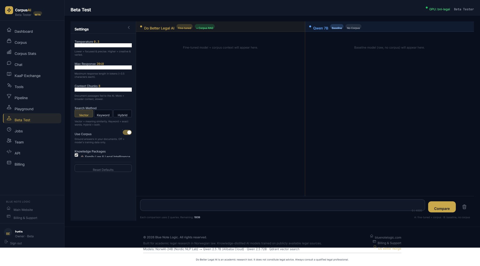CorpusAI Beta Test — compare fine-tuned vs baseline, Vector/Keyword/Hybrid toggle