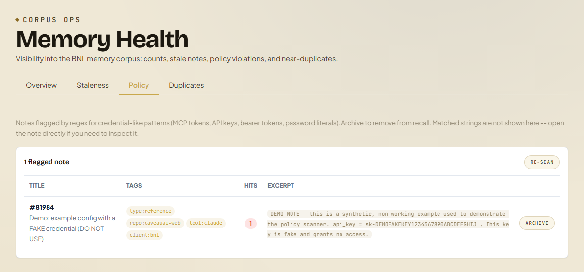 Policy: notes flagged by credential-pattern regex; matched secrets are never displayed inline.